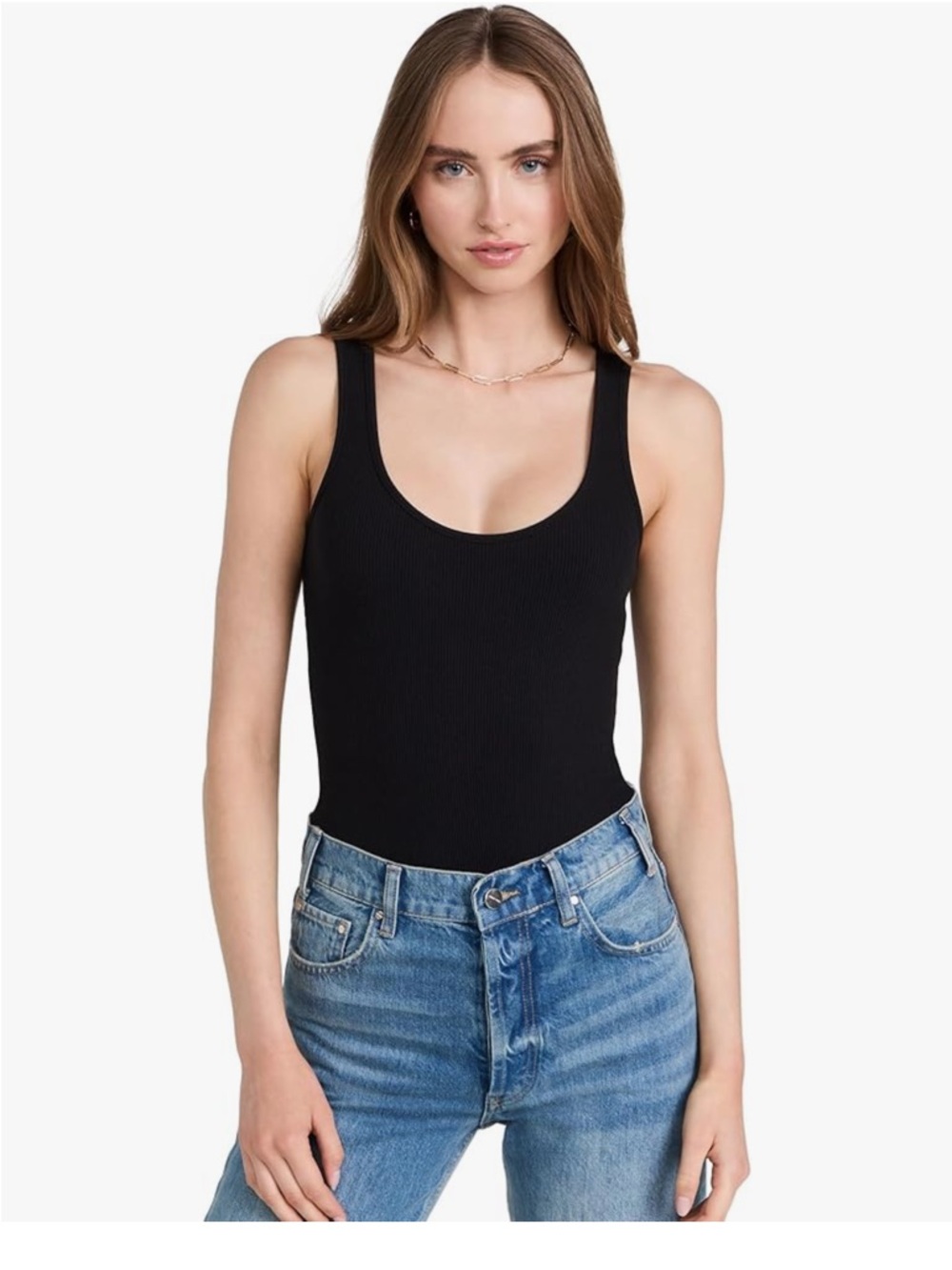 L'AGENCE Black Ribbed Scoop Neck Tank Bodysuit